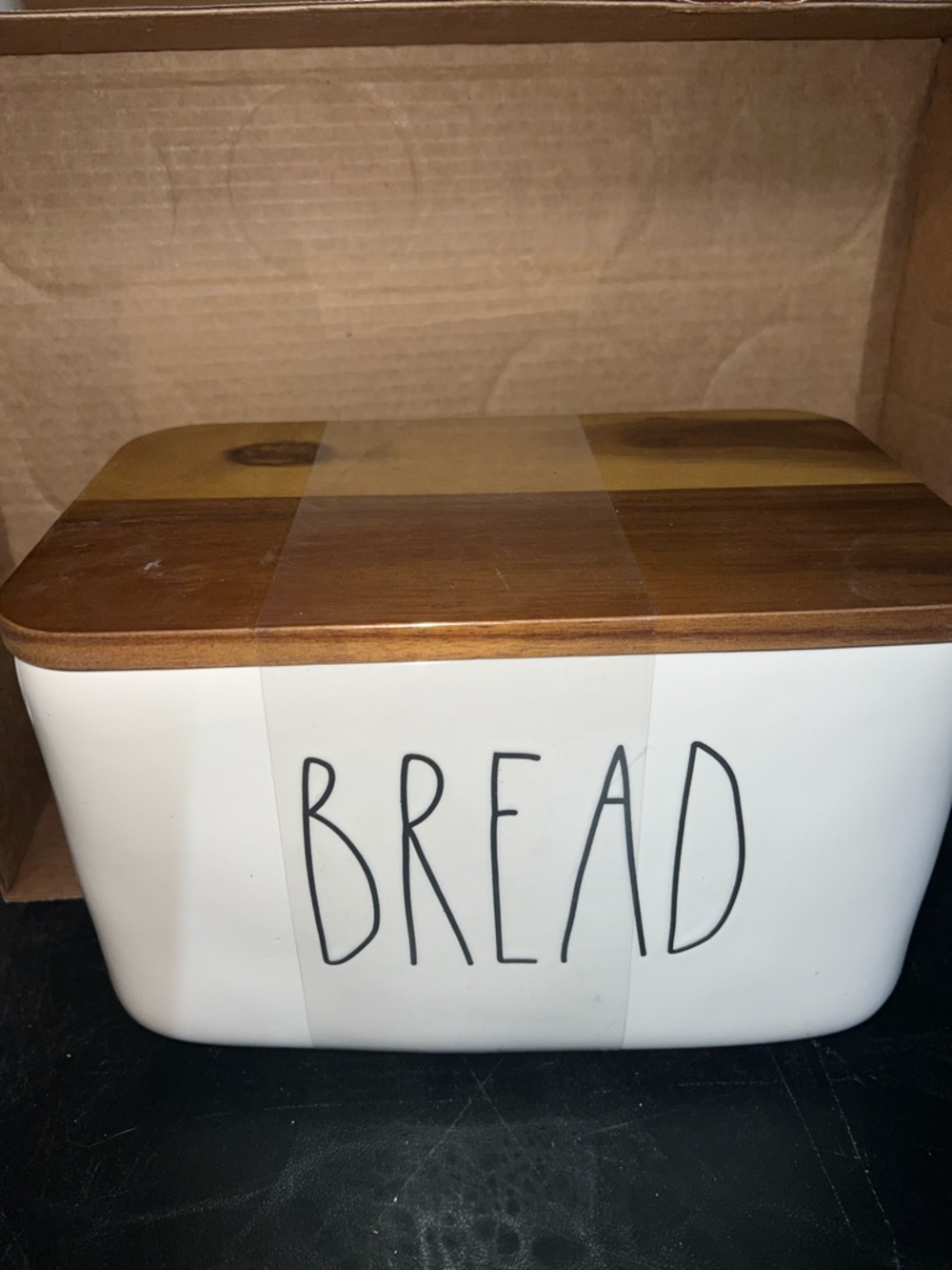 Rae Dunn White Ceramic Bread Box with Wood Lid - Picture 2 of 3